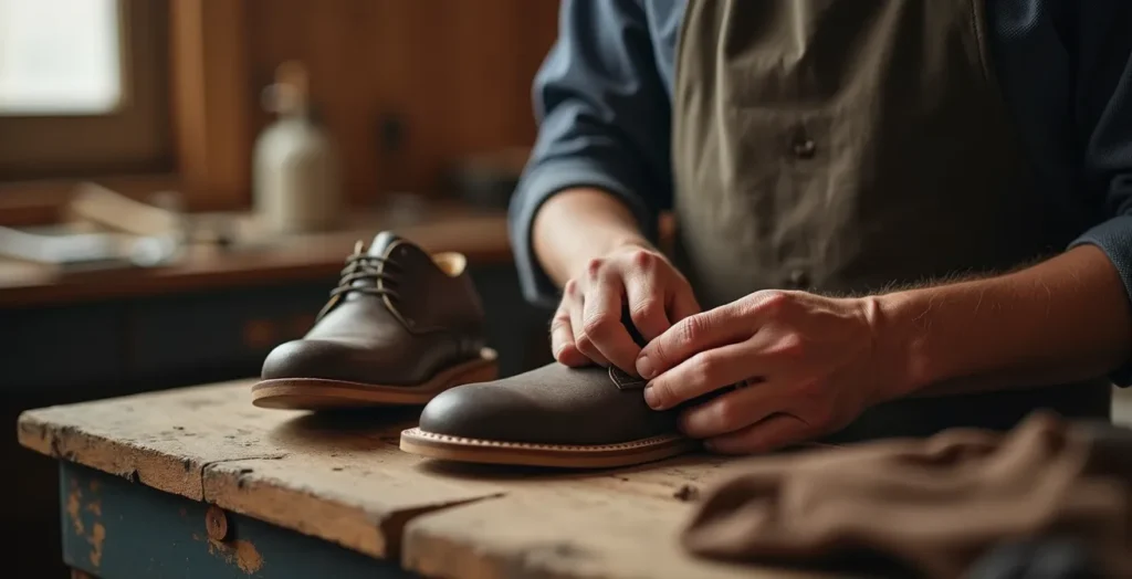 Mains d'artisan travaillant sur une chaussure éco-responsable Mains d'artisan travaillant sur une chaussure éco-responsable